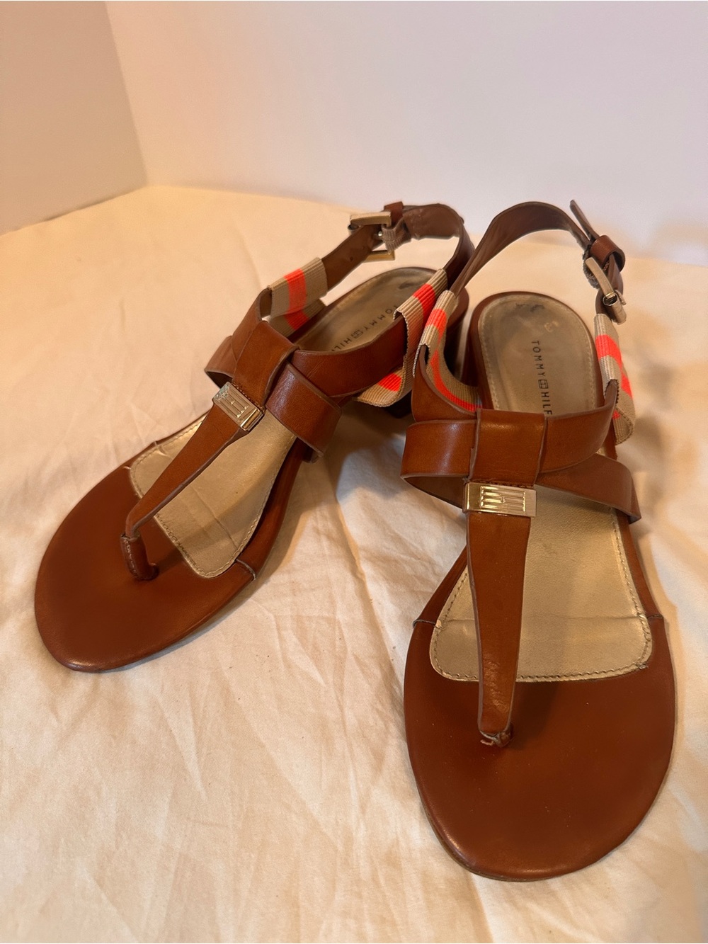 Tommy Hilfiger Brown Leather T-Strap Sandals with Orange-Striped Elastic